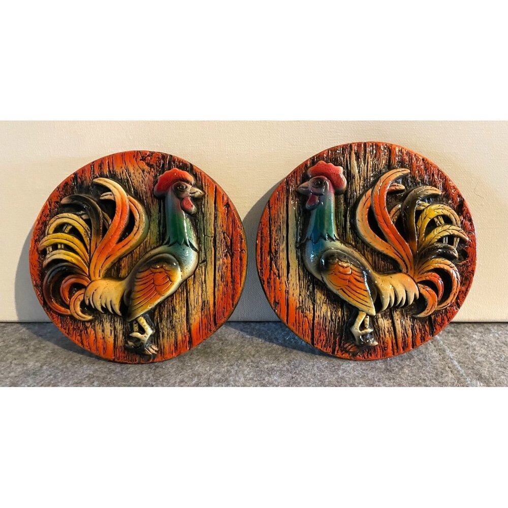 Two Vintage Chalkware Decorative 5 1/2 inch Rooster Plaques   # 1850